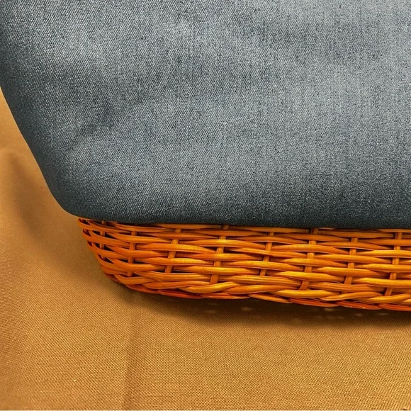 Straw Studios Blue Denim Handmade Rattan Trimmed Zipper Close Tote Handbag - Picture 9 of 14